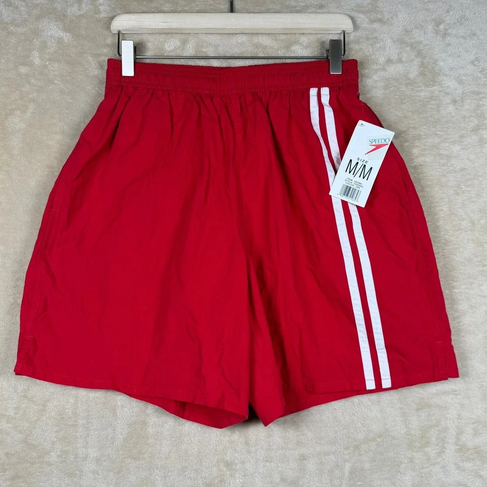 Speedo Mens Medium Red White Retro‎ Striped Swim Trunks Mesh Lined NWT